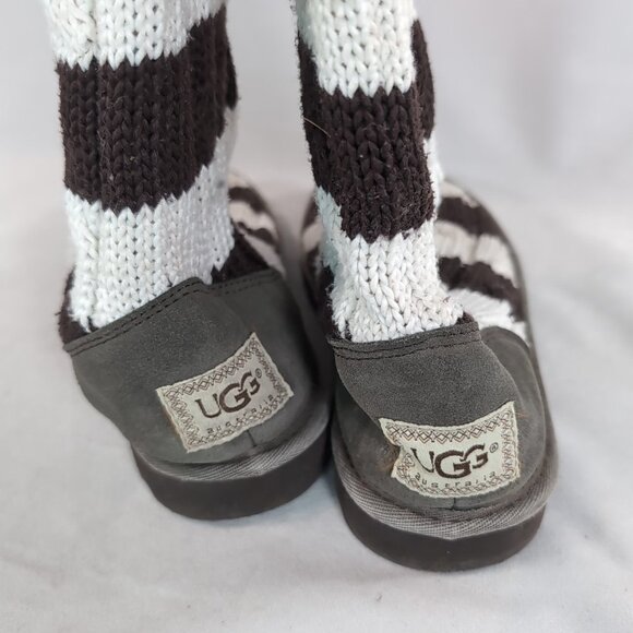 UGG Australia Striped Knit Sock Boots Brown Cream White Women US 7 Leather 5822 - Picture 5 of 15